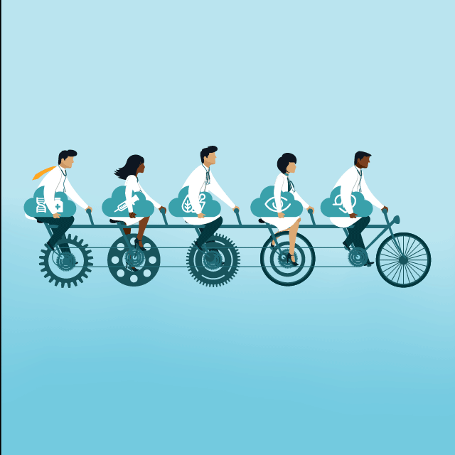 Animated graphic illustration of physicians on bikes with ideas.